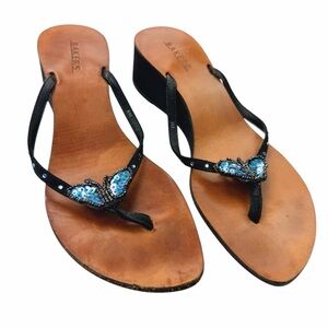 Bakers Leather Wedge Thong Sandals Beaded Butterfly Boho Flip Flops Size 8
